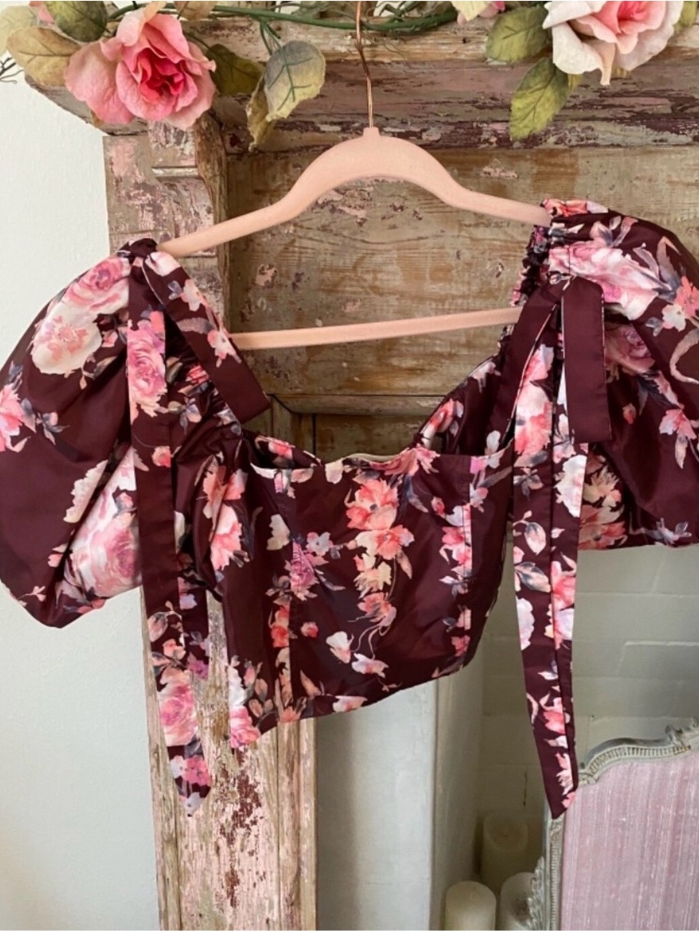 LoveShackFancy Burgundy Floral Puff-Sleeve Crop Top